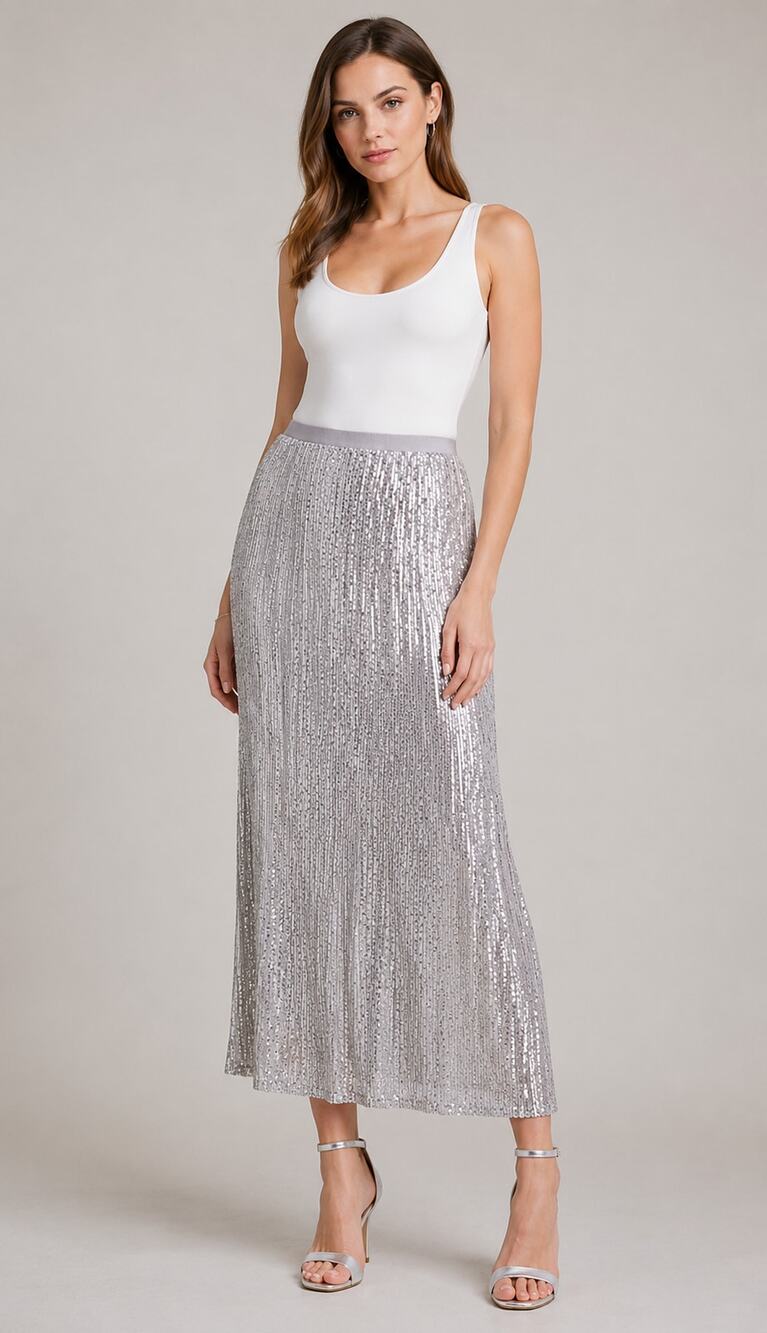 Ellison Silver Sequin Column Midi Skirt Elastic Waist NWT Size Large Holiday